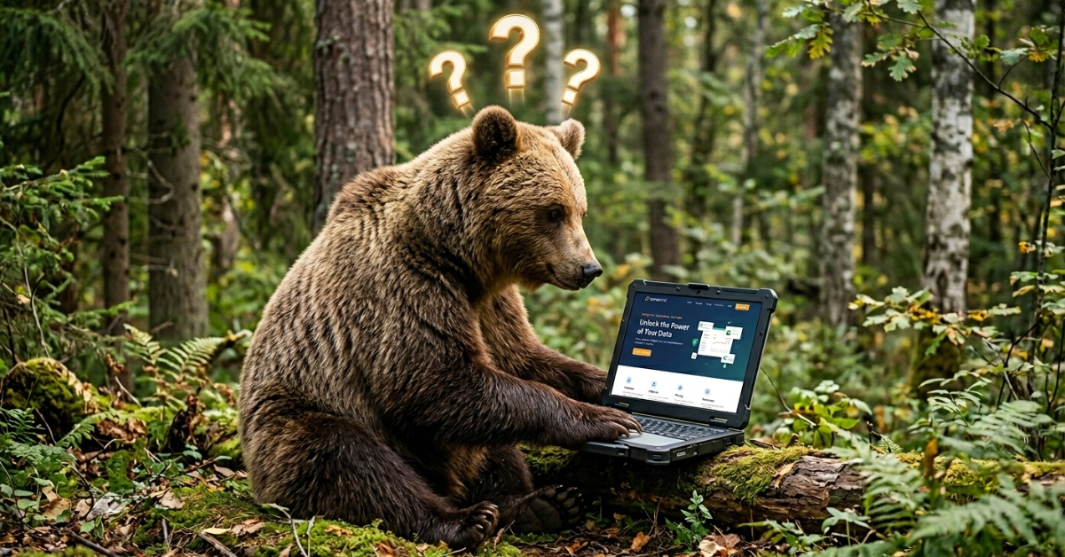 A bear looking confused at a laptop in the forest